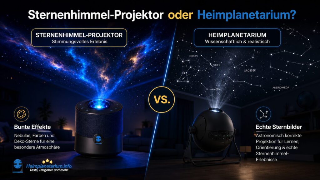 Vergleich zwischen Sternenhimmel-Projektor mit bunten Galaxy-Effekten und Heimplanetarium mit echten Sternbildern