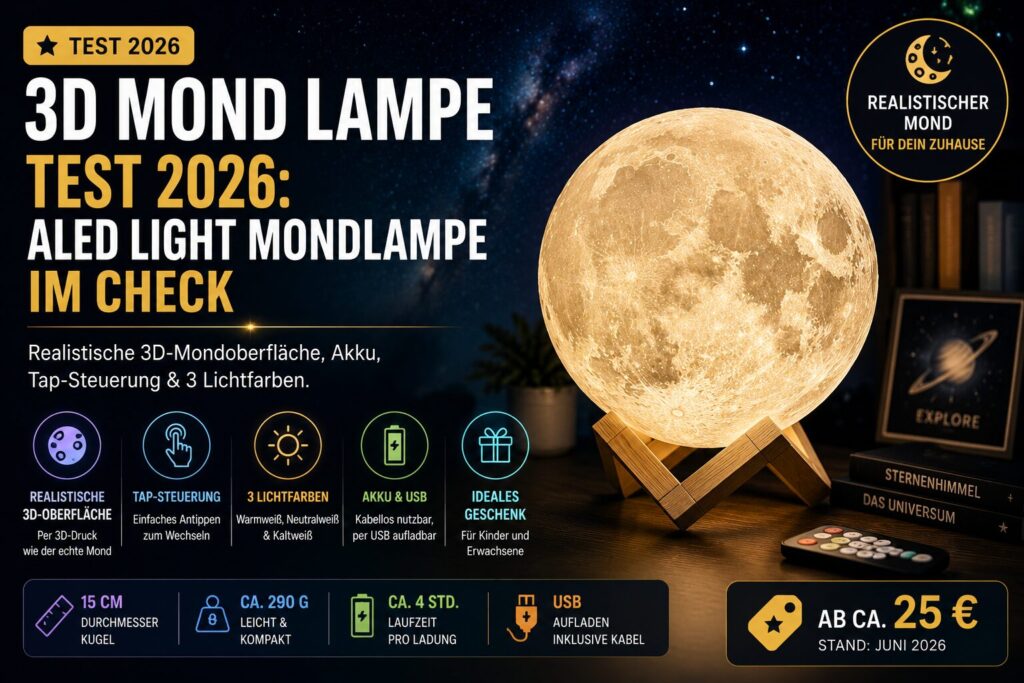 3D Mond Lampe von ALED LIGHT mit realistischer Mondoberfläche, Akku, Tap-Steuerung und drei Lichtfarben