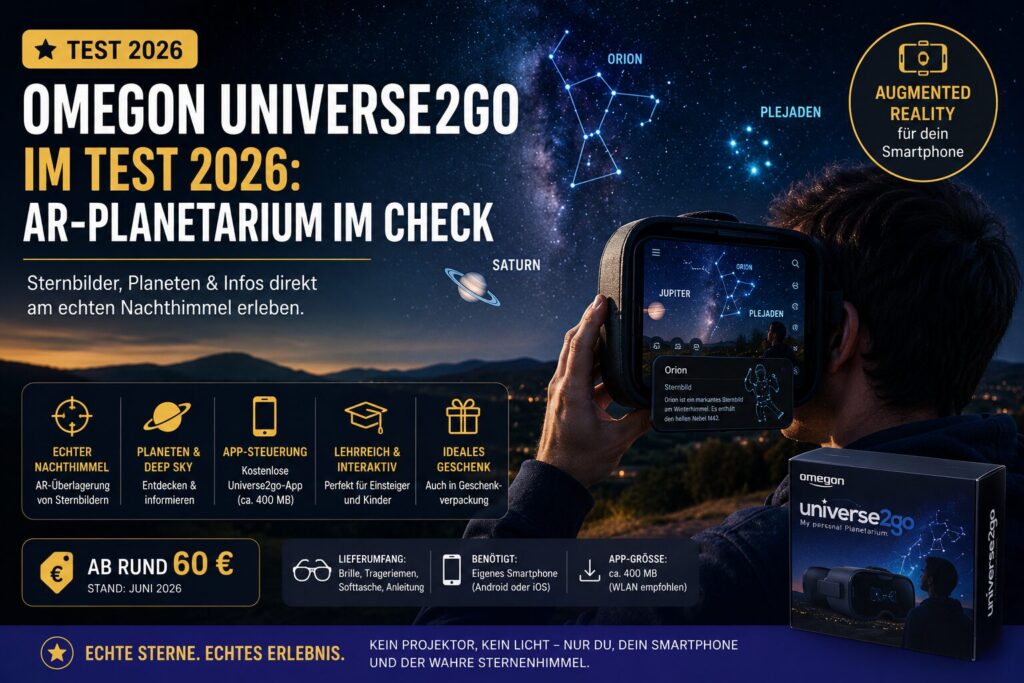 Omegon Universe2go AR-Planetarium mit Smartphone zeigt Sternbilder und Planeten am echten Nachthimmel