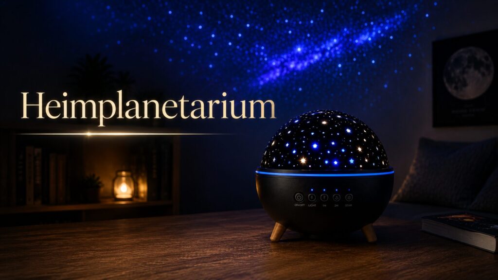 romantisches Geschenk Sternenhimmel – Ein romantisches Geschenk Sternenhimmel: Ein Paar genießt die projizierten Sterne und Galaxien in einem gemütlichen Schlafzimmer.